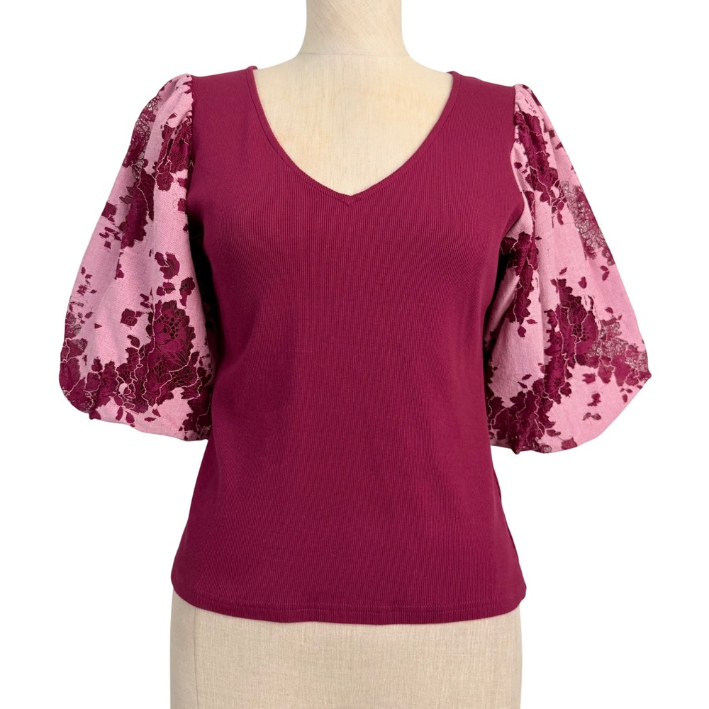 Dolan Left Coast Collection Rib Knit V-Neck Top Puff Lace Sleeve Burgundy Pink S